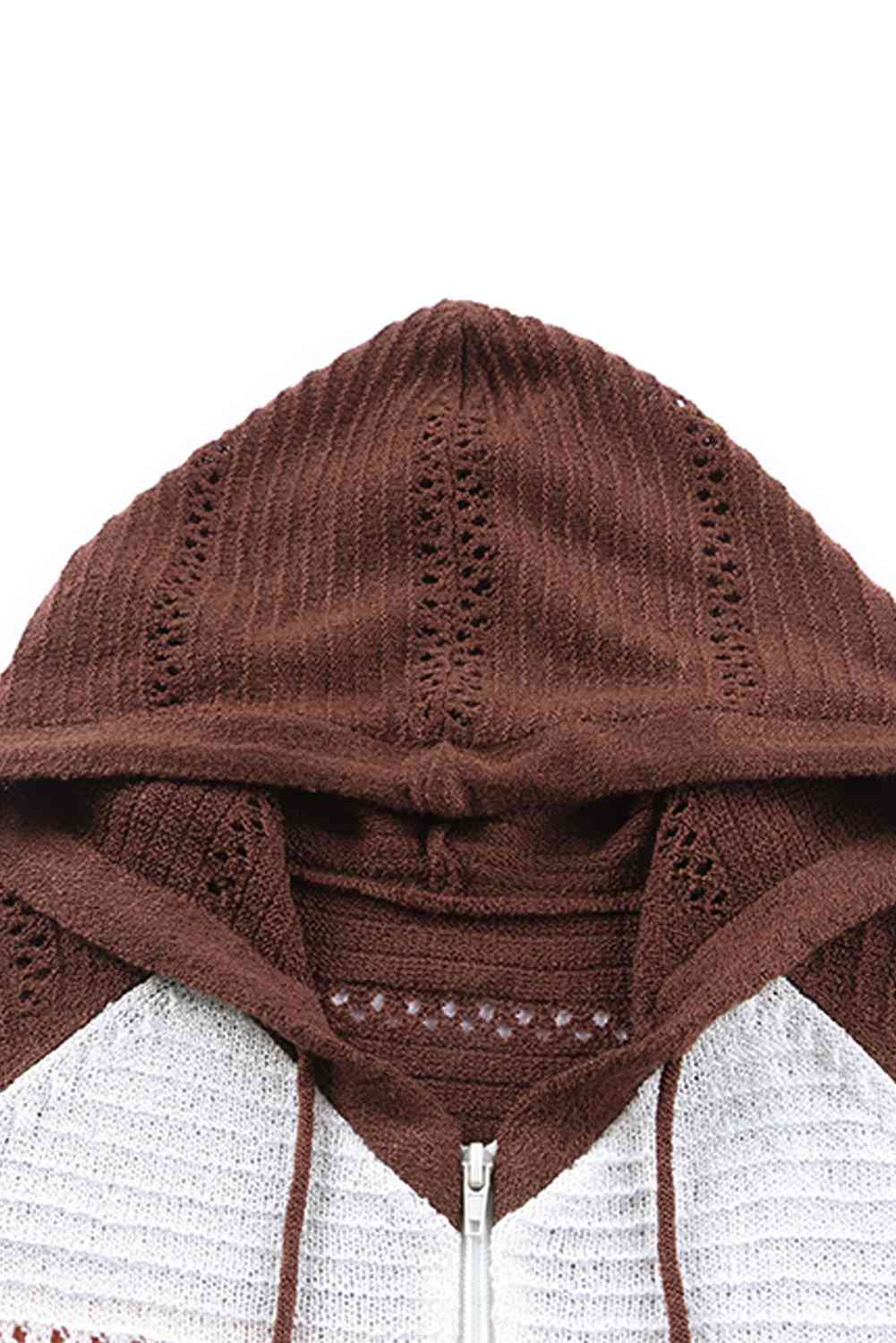 Zip-Up Raglan Sleeve Openwork Hooded Cardigan - Charming Charlie