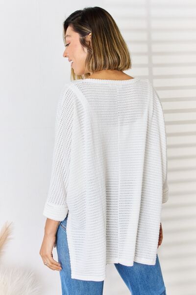 Zenana Full Size Waffle Knit V-Neck Long Sleeve Slit Top - Charming Charlie
