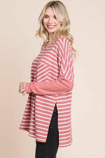 Culture Code Oversize Striped Round Neck Long Sleeve Slit T-Shirt - Charming Charlie