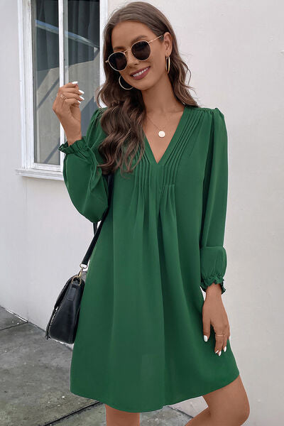 Ruched V-Neck Flounce Sleeve Dress - Charming Charlie