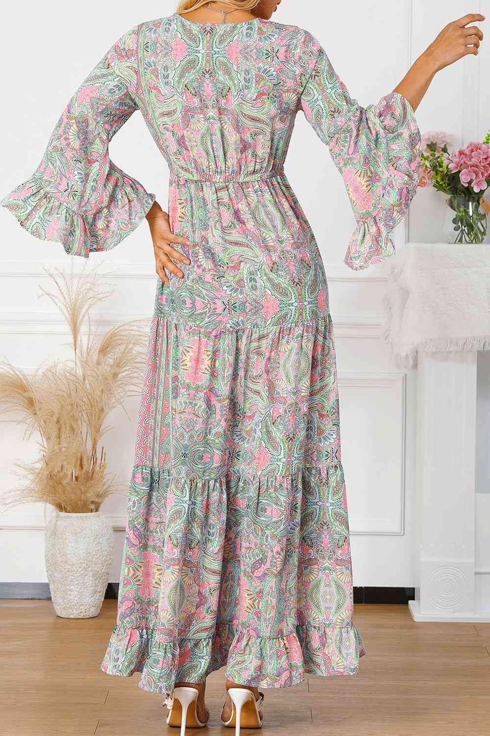 Printed Tassel Tie V-Neck Tiered Dress - Charming Charlie