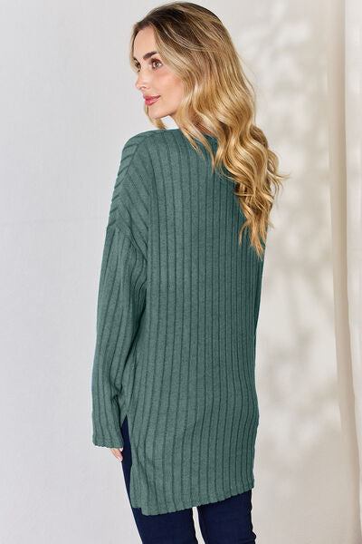 Basic Bae Full Size Ribbed Half Button Long Sleeve High-Low T-Shirt - Charming Charlie