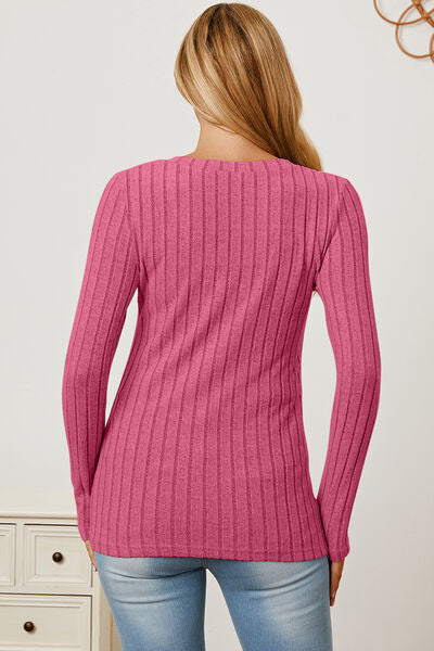 Basic Bae Full Size Ribbed V-Neck Long Sleeve T-Shirt - Charming Charlie