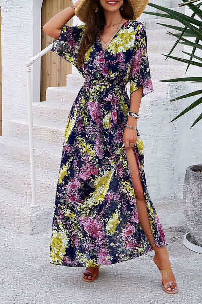 Printed Tied Half Sleeve Slit Dress - Charming Charlie