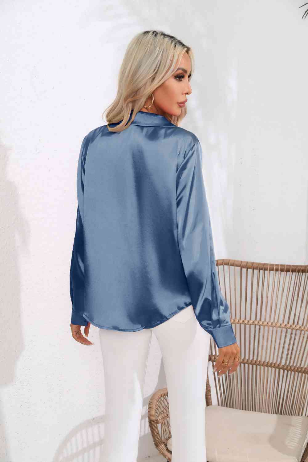 Lapel Collar Button Up Long Sleeve Shirt - Charming Charlie