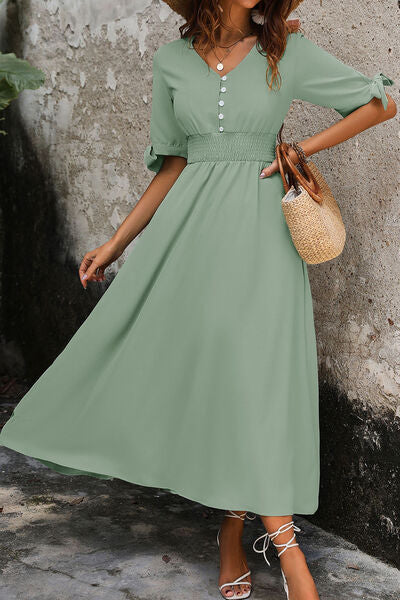 Smocked Quarter Button Short Sleeve Dress - Charming Charlie