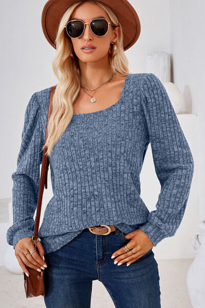 Ribbed Square Neck Long Sleeve T-Shirt - Charming Charlie