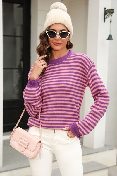 Striped Round Neck Dropped Shoulder Sweater - Charming Charlie