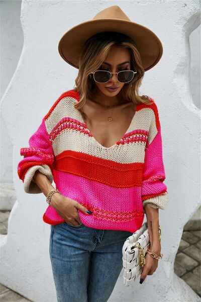 Color Block V-Neck Dropped Shoulder Sweater - Charming Charlie