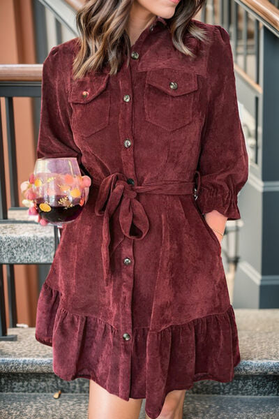Tied Button Up Ruffle Hem Dress - Charming Charlie