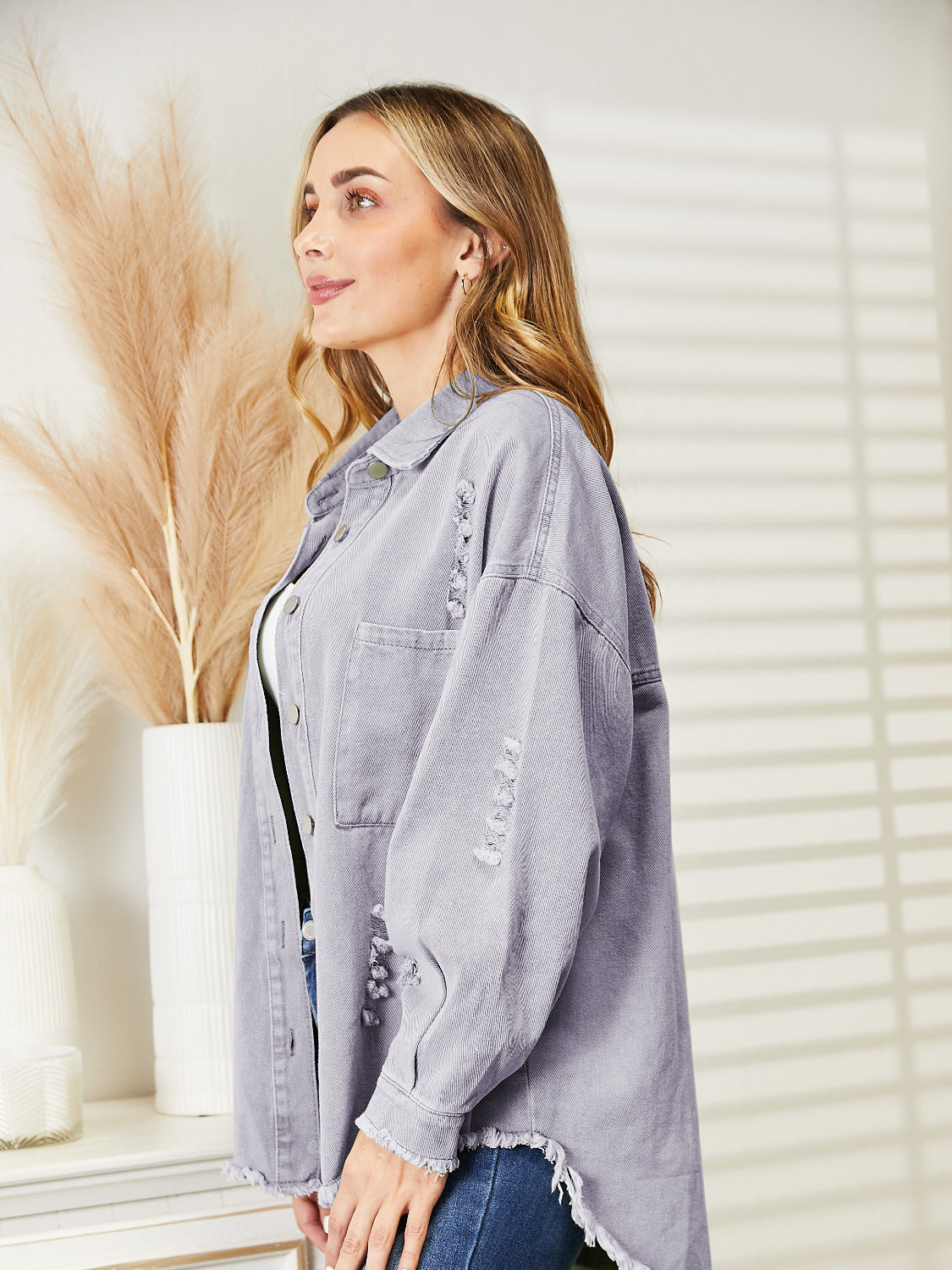Distressed Raw Hem Denim Jacket - Charming Charlie