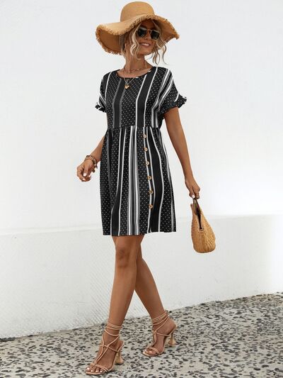 Striped Polka Dot Frill Short Sleeve Mini Dress - Charming Charlie