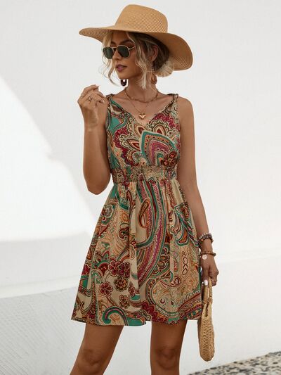 Smocked Printed V-Neck Mini Dress - Charming Charlie