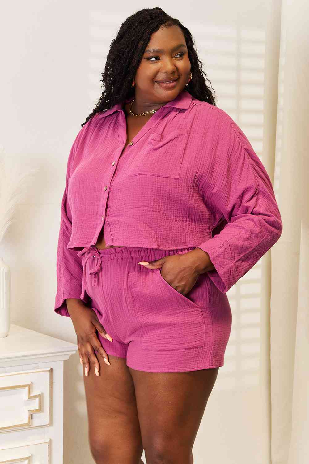 Basic Bae Buttoned Long Sleeve Top and Shorts Set - Charming Charlie