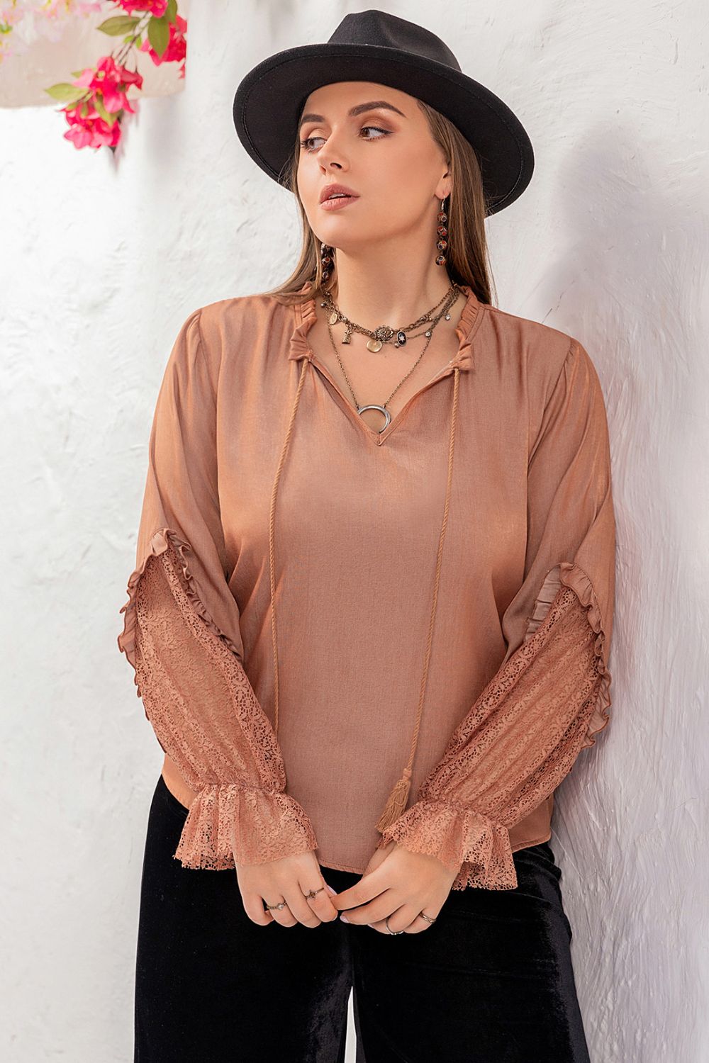 Plus Size Tie Neck Flounce Sleeve Blouse - Charming Charlie