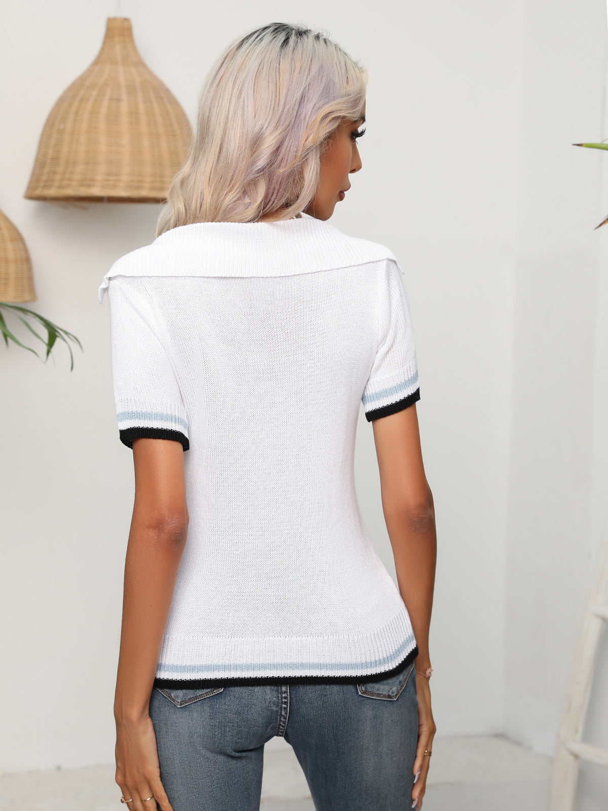 Johnny Collar Openwork Short Sleeve Knit Top - Charming Charlie