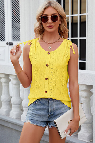 Eyelet Round Neck Wide Strap Tank - Charming Charlie