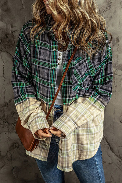 Contrast Plaid Button Up Long Sleeve Shacket - Charming Charlie