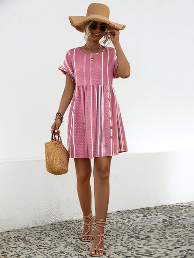 Striped Polka Dot Frill Short Sleeve Mini Dress - Charming Charlie