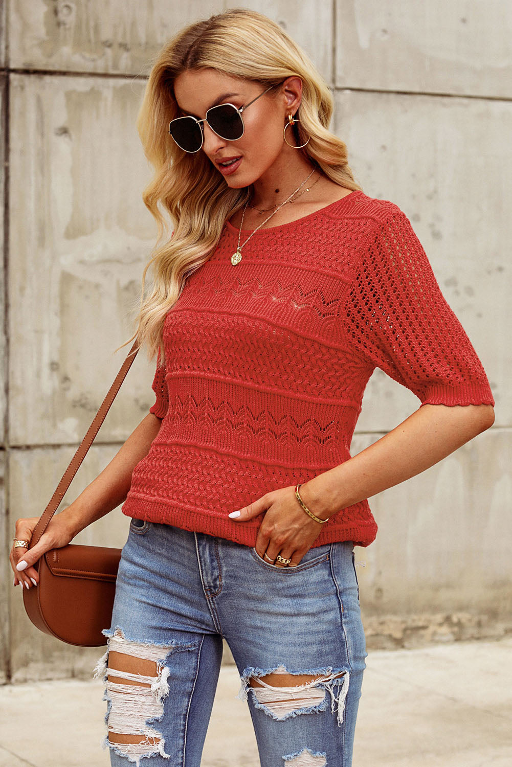 Openwork Round Neck Half Sleeve Knit Top - Charming Charlie