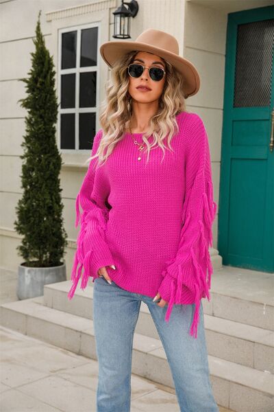 Fringe Round Neck Dropped Shoulder Sweater - Charming Charlie