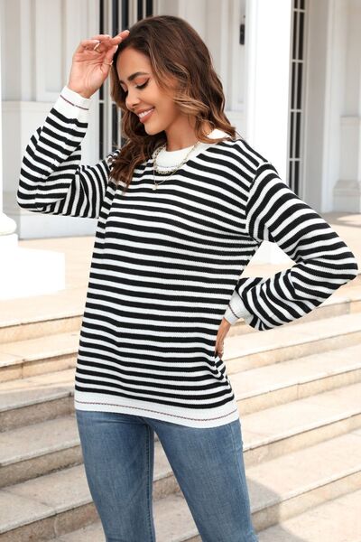Striped Round Neck Dropped Shoulder Sweater - Charming Charlie