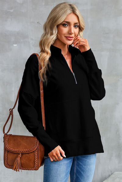 Half Zip Pocketed Dropped Shoulder Sweatshirt - Charming Charlie