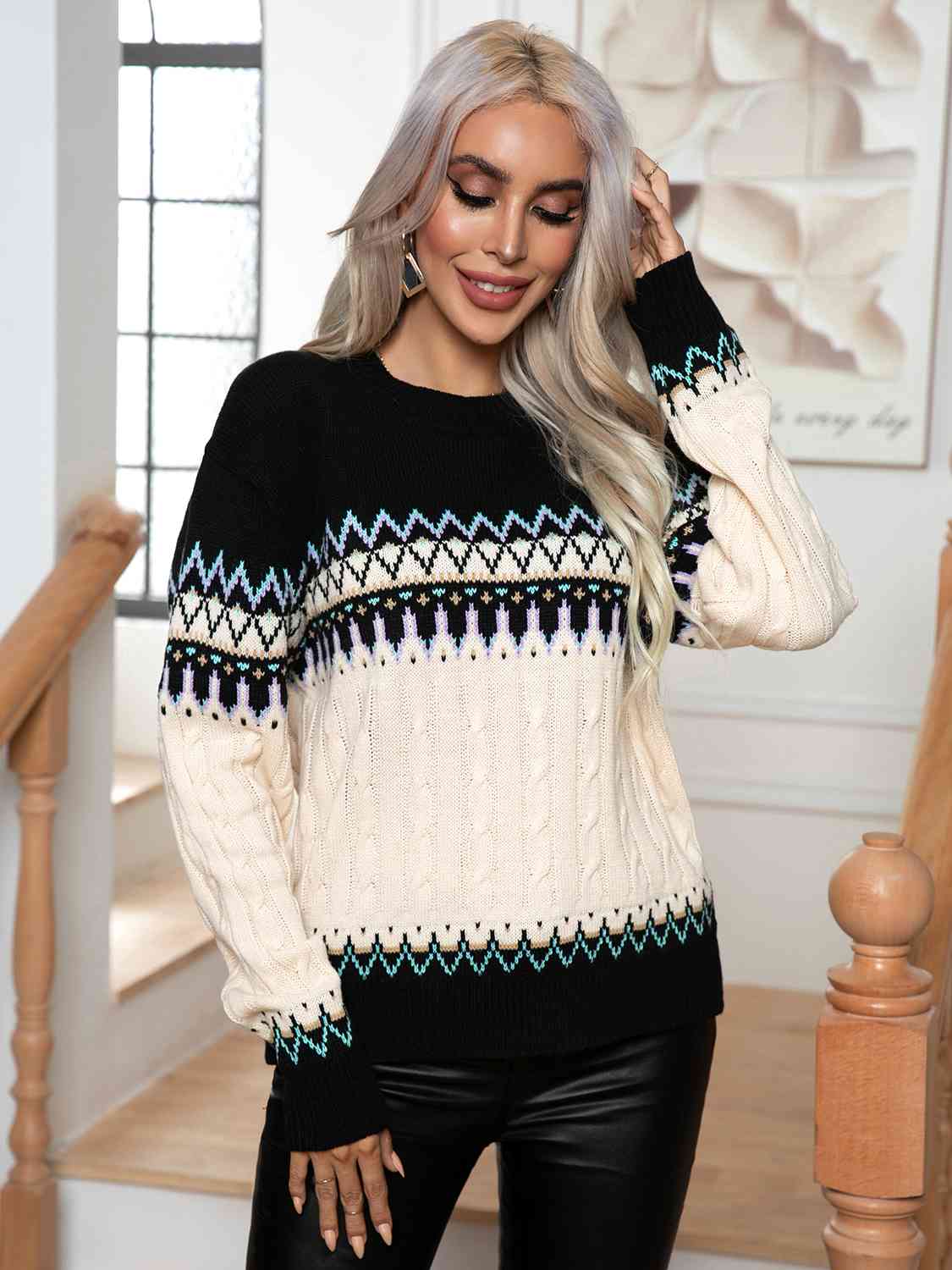 Round Neck Cable-Knit Sweater - Charming Charlie