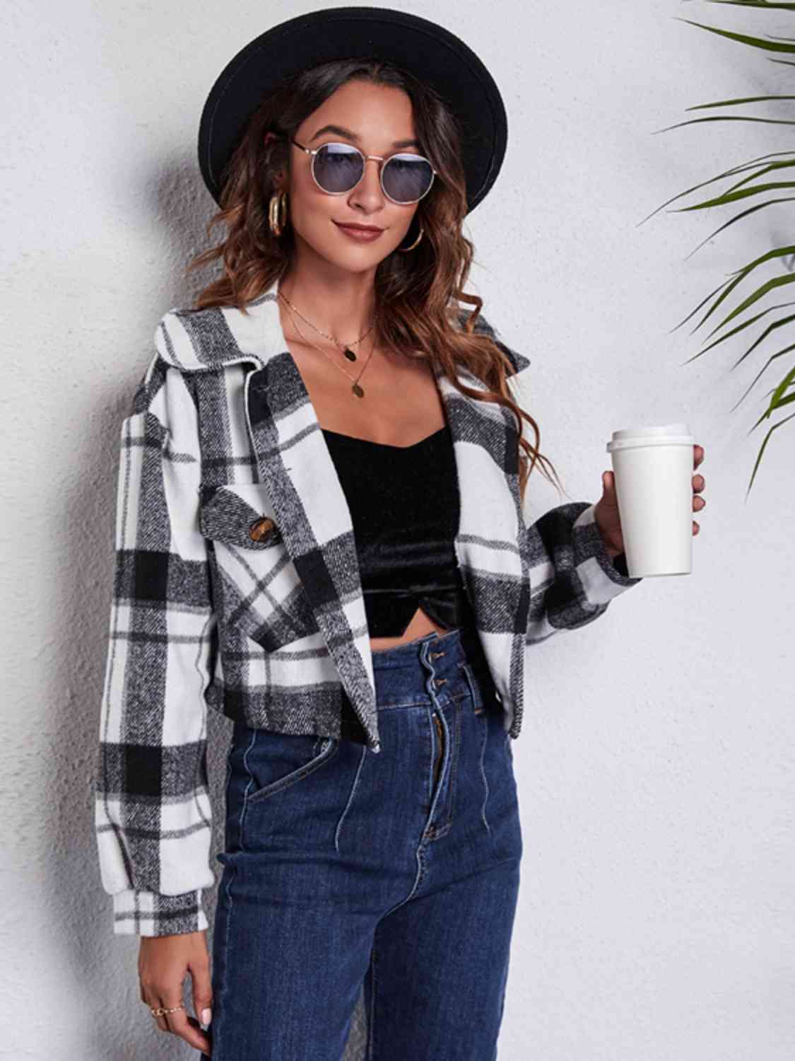 Plaid Button Front Jacket with Pockets - Charming Charlie
