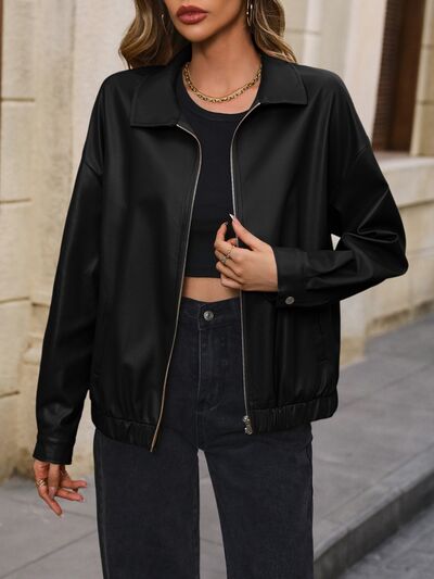 Pocketed Zip Up Collared Neck Jacket - Charming Charlie