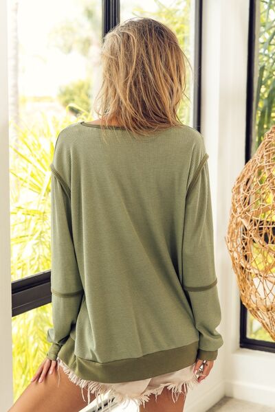BiBi Waffle Knit Contrast Trim Long Sleeve T-Shirt - Charming Charlie