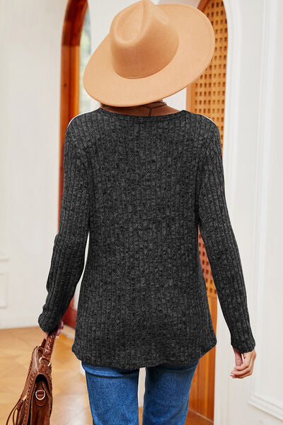 Eyelet Ribbed Round Neck Long Sleeve T-Shirt - Charming Charlie