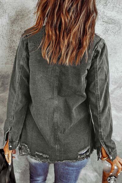 Distressed Raw Hem Snap Down Denim Jacket - Charming Charlie