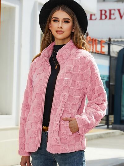 Fuzzy Checkered Zip Up Jacket - Charming Charlie