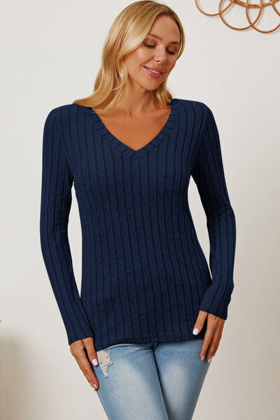 Basic Bae Full Size Ribbed V-Neck Long Sleeve T-Shirt - Charming Charlie