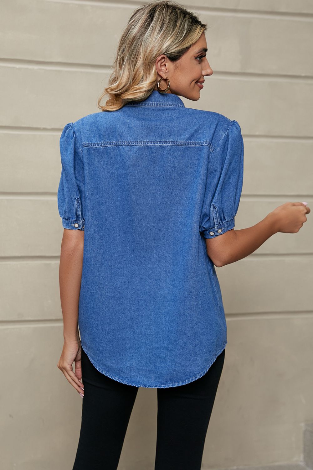 Puff Sleeve Collared Denim Top - Charming Charlie