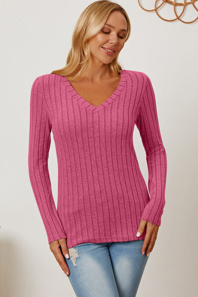 Basic Bae Full Size Ribbed V-Neck Long Sleeve T-Shirt - Charming Charlie
