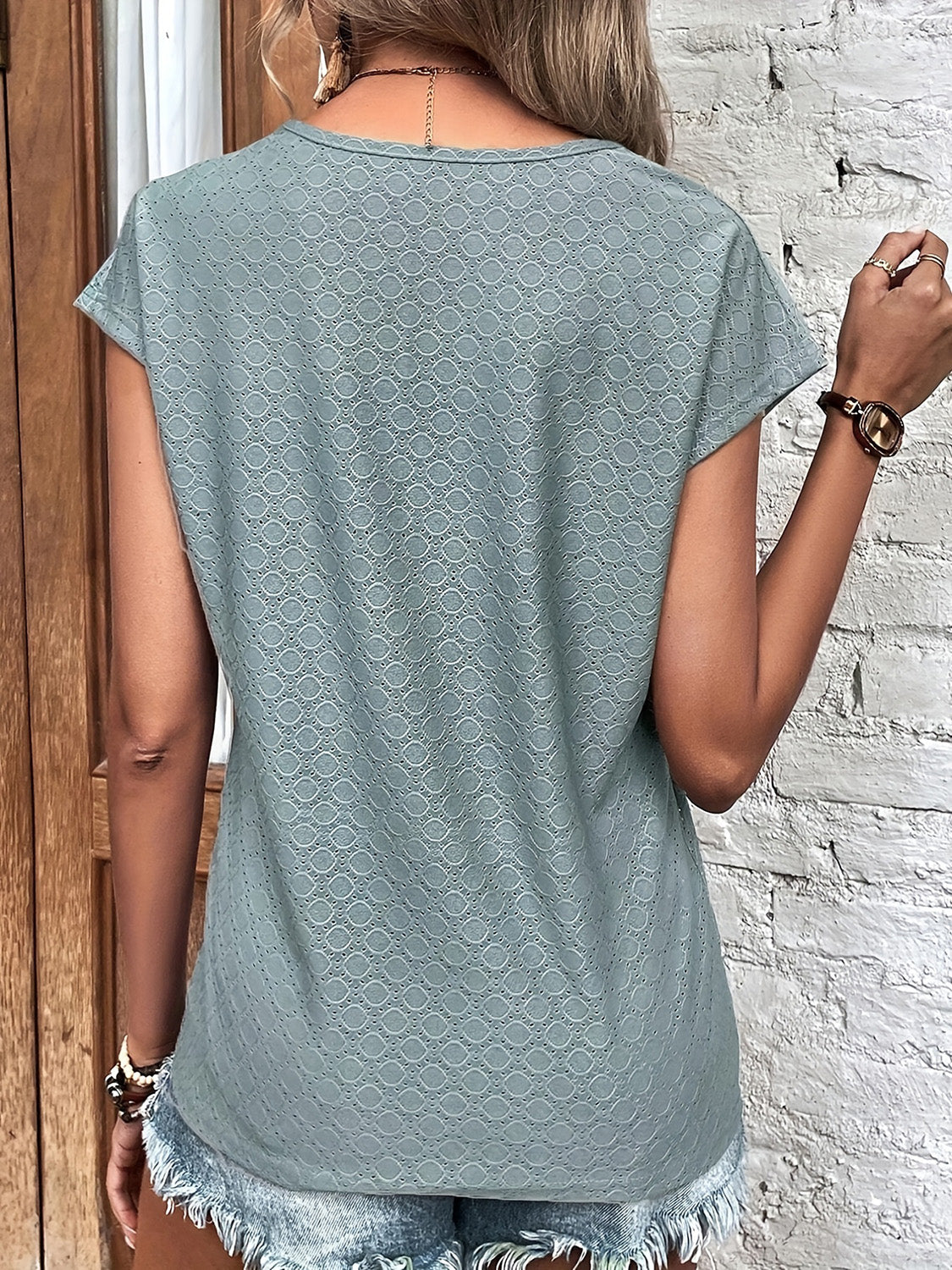 Eyelet V-Neck Cap Sleeve Blouse - Charming Charlie