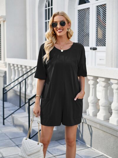 Backless Pocketed Round Neck Half Sleeve Romper - Charming Charlie