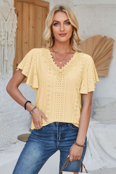 Eyelet Applique V-Neck Cap Sleeve T-Shirt - Charming Charlie