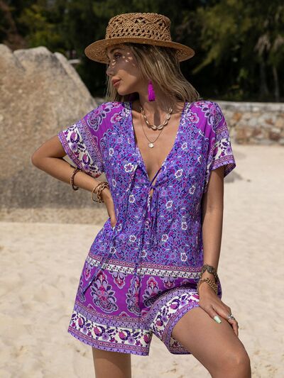 Tied Printed Short Sleeve Romper - Charming Charlie