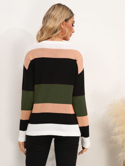Striped Round Neck Dropped Shoulder Sweater - Charming Charlie