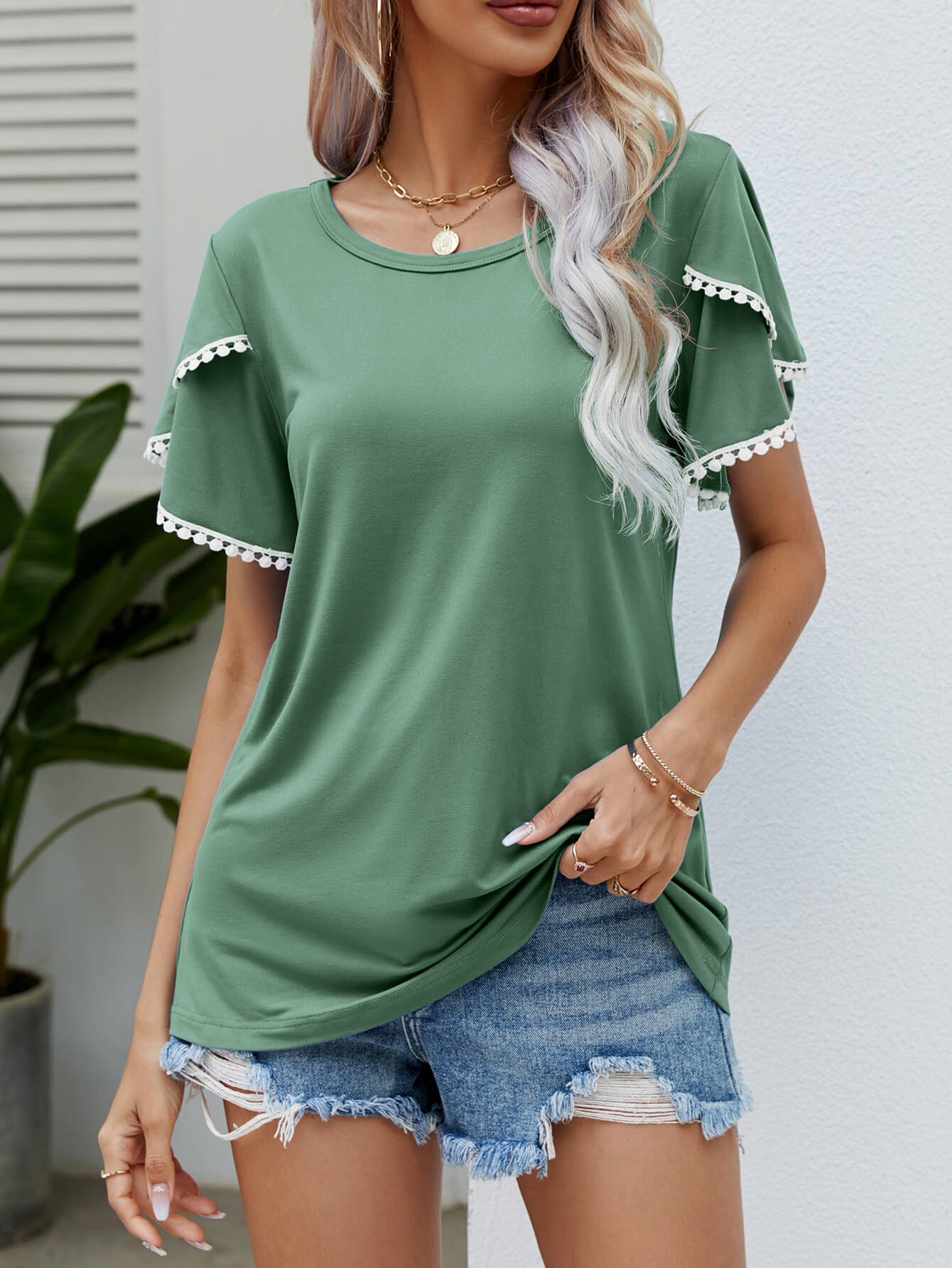 Pom-Pom Trim Flutter Sleeve Round Neck Tee - Charming Charlie