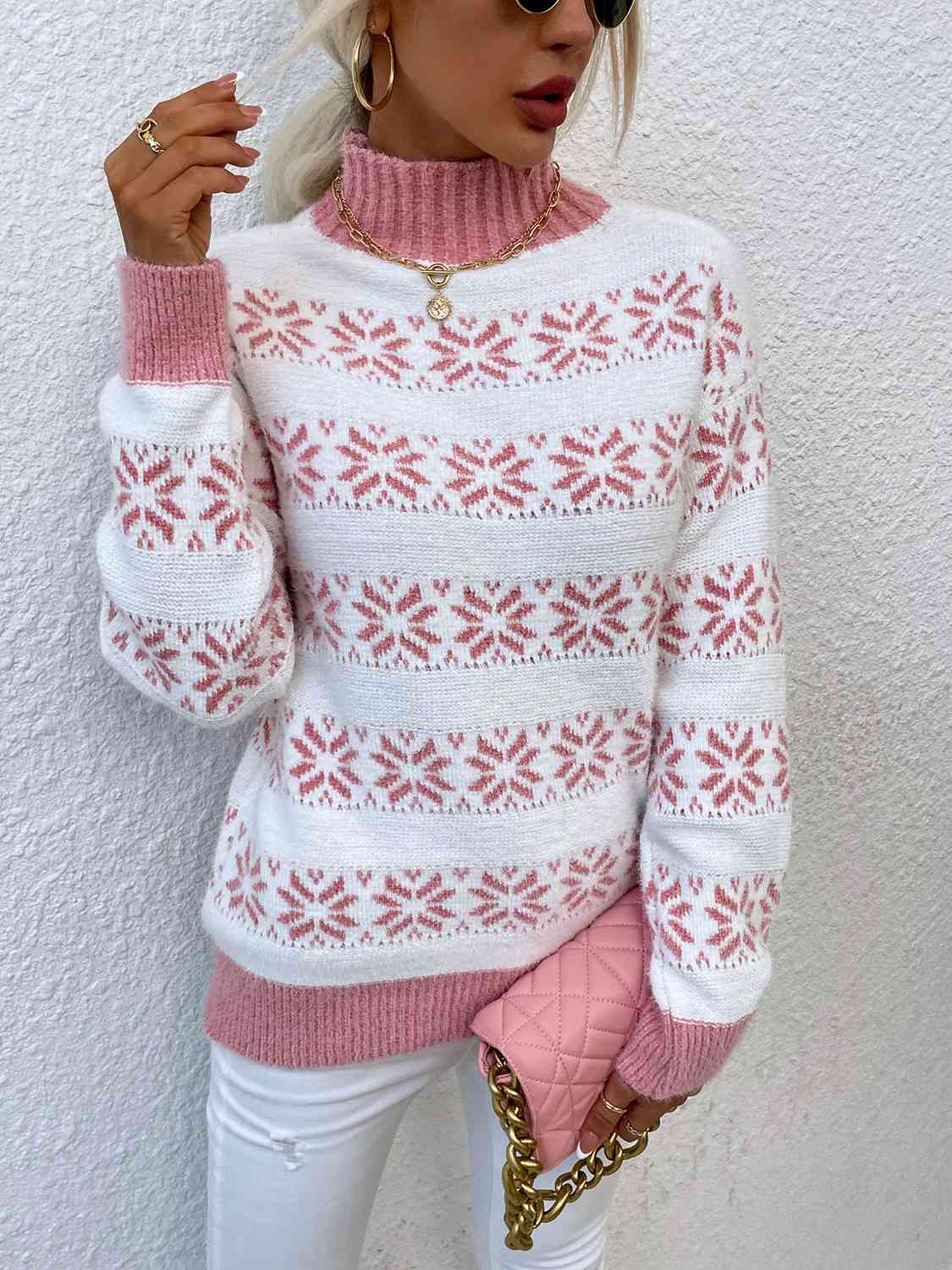 Snowflake Pattern Mock Neck Sweater - Charming Charlie