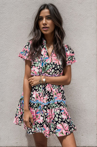 Printed Ruffle Hem Short Sleeve Mini Dress - Charming Charlie