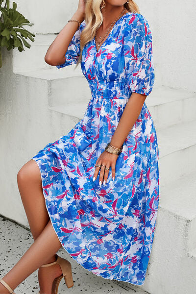 Smocked Printed V-Neck Short Sleeve Dress - Charming Charlie