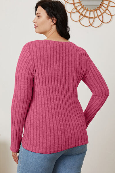 Basic Bae Full Size Ribbed V-Neck Long Sleeve T-Shirt - Charming Charlie