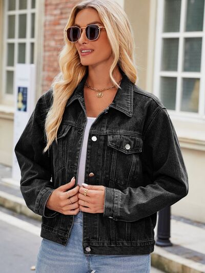 Pocketed Collared Neck Denim Jacket - Charming Charlie