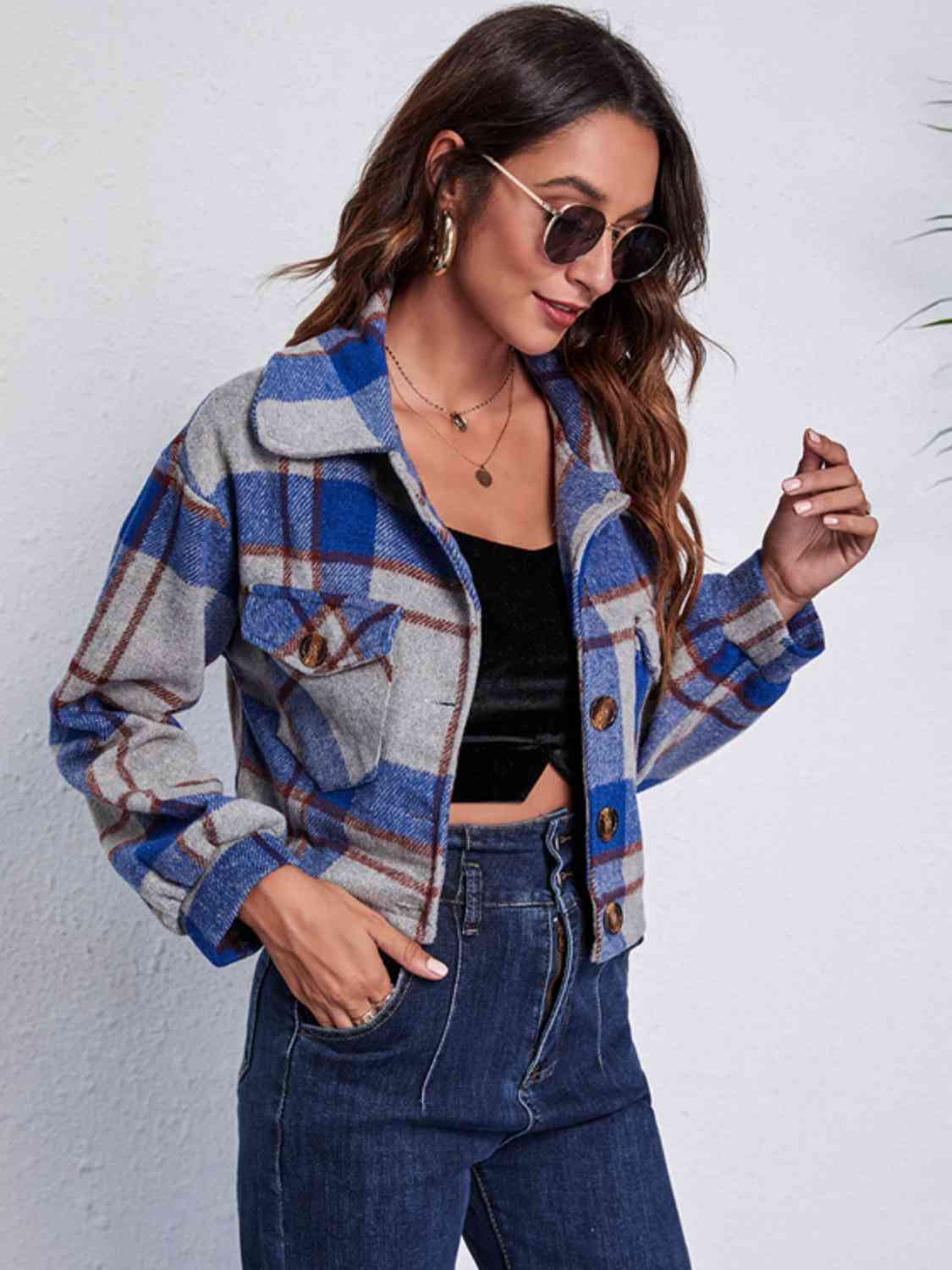 Plaid Button Front Jacket with Pockets - Charming Charlie