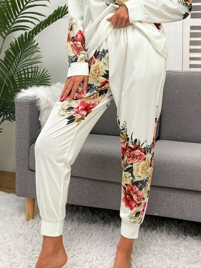 Printed Round Neck Top and Drawstring Pants Lounge Set - Charming Charlie